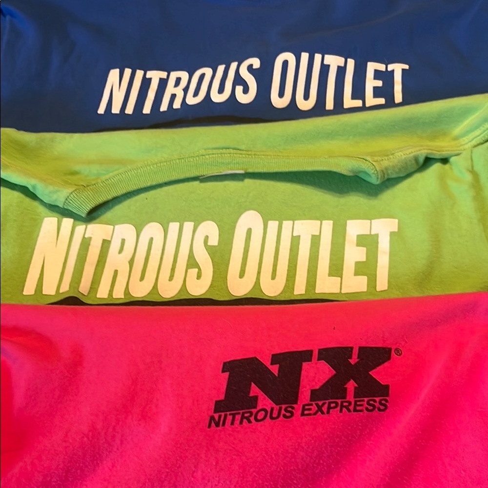 Nitrous Outlet Lot Of 3 T-Shirts - Blue, Green, Pink
